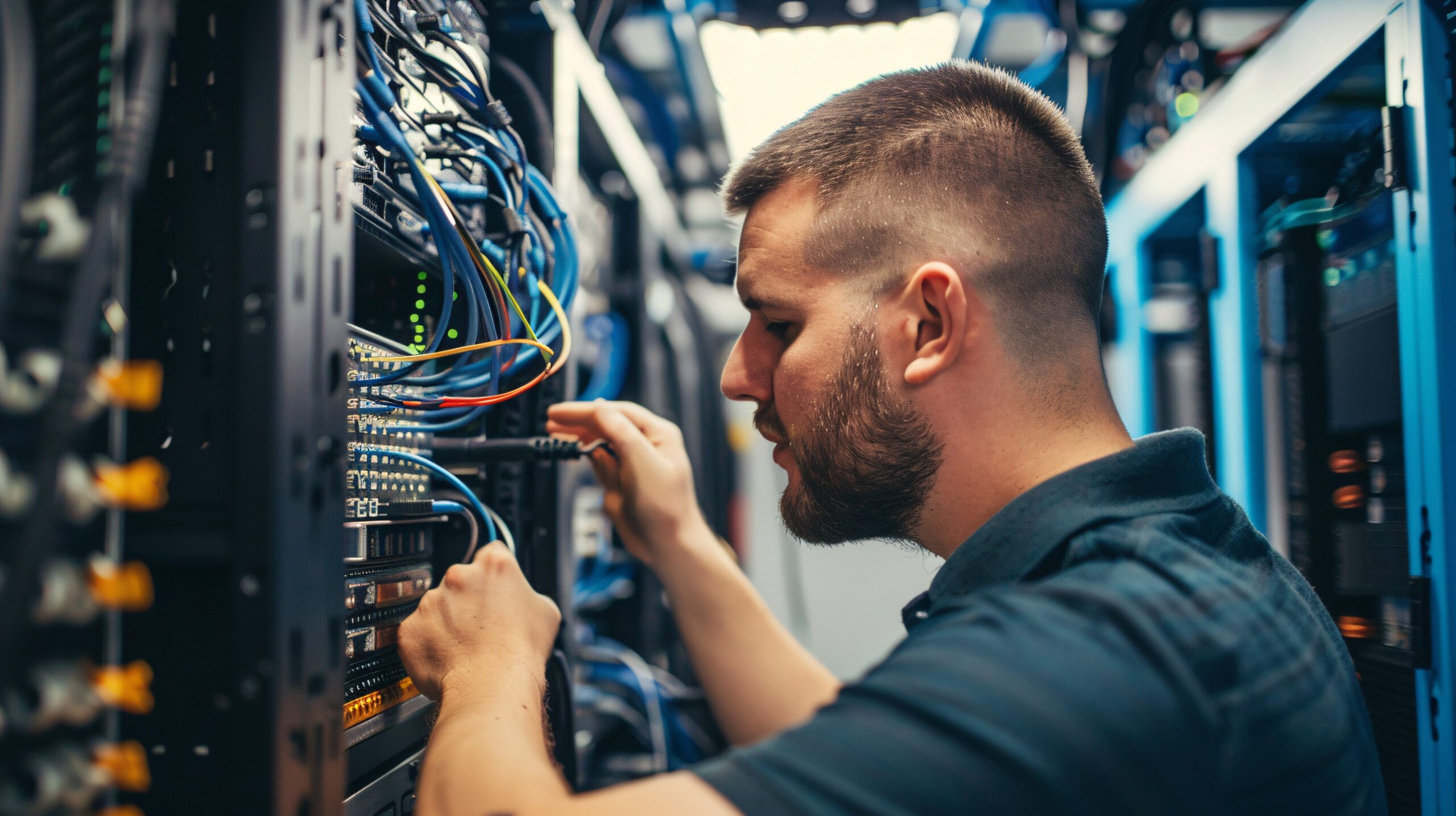 Técnico en instalaciones de telecomunicaciones trabajando en armario de red — salidas profesionales del ciclo